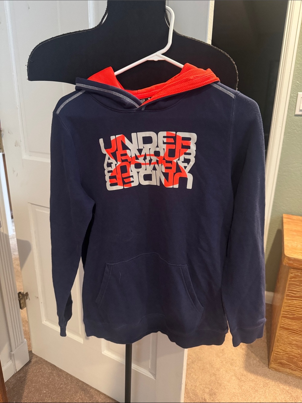 Under Armour Navy Hoodie with Orange Lining and White/Orange Front Print